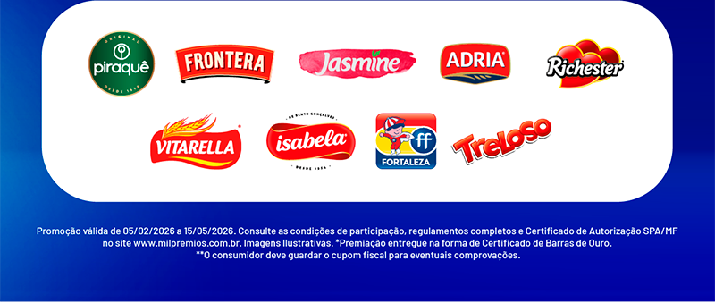 Promoção válida de 05/02/2026 a 15/15/05/2026. Consulte as condições de participação, regulamentos completos e certificado de Autorização SPA/MF no site www.milpremios.com.br. imagens ilustrativas. * Premiação entregue  na forma de Certificado de Barras de Ouro. ** O consumidor deve guardar o cupom fiscal para eventuais comprovações. 